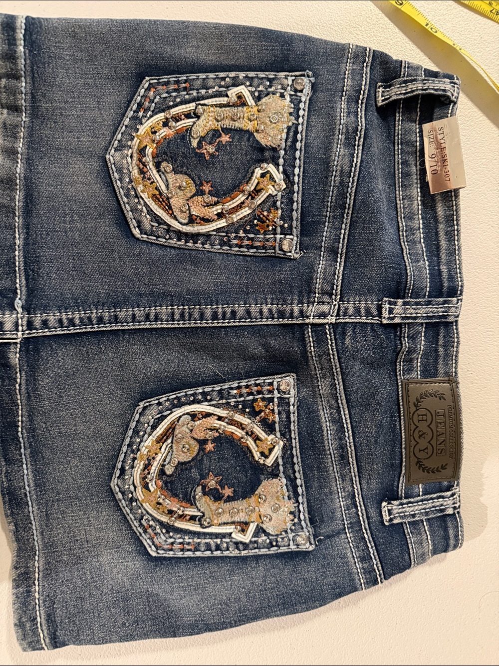 Embellished Dark Blue Denim Mini Skirt with Western Pocket Detail